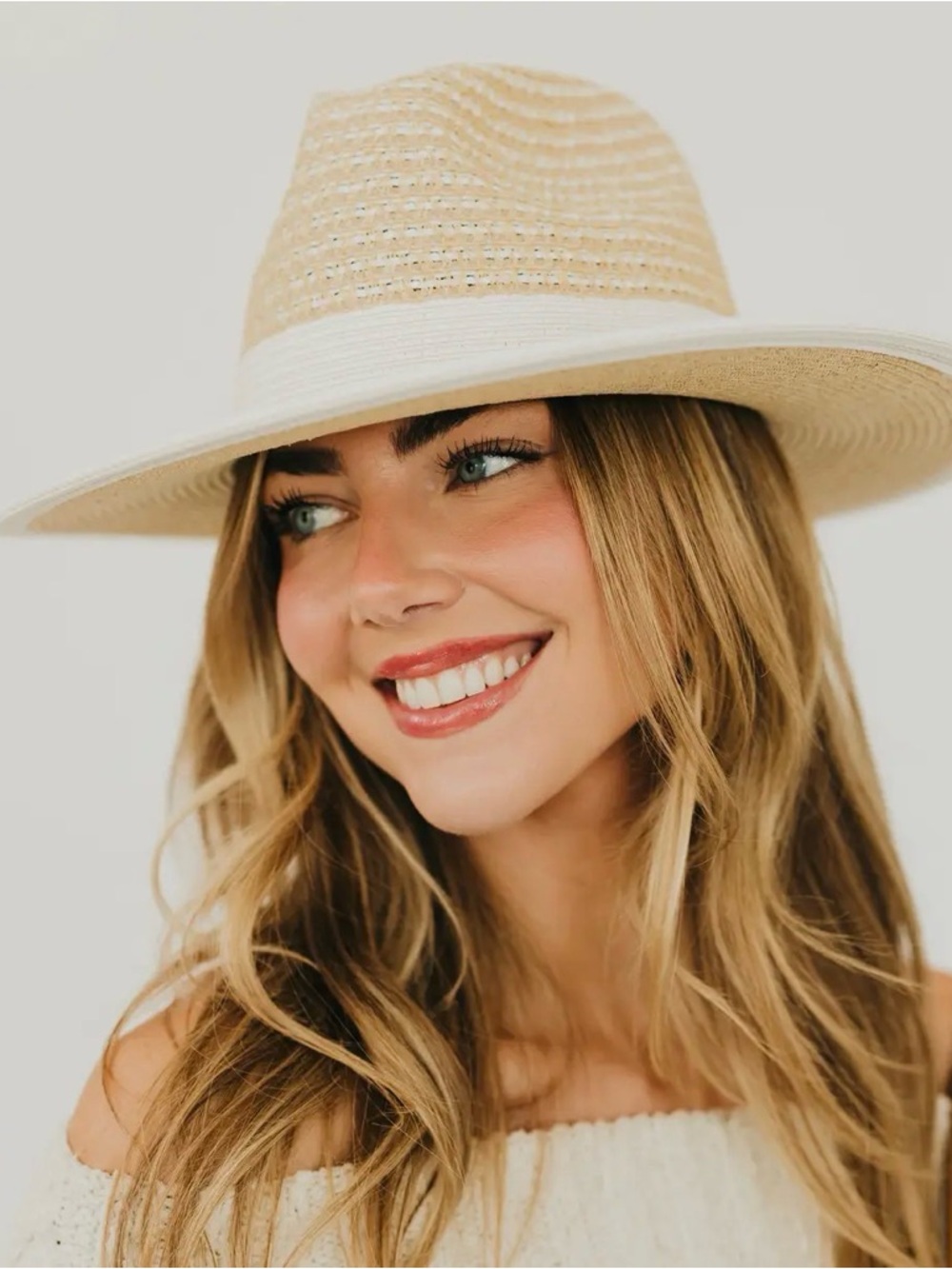 Cream Straw Fedora Hat with White Band